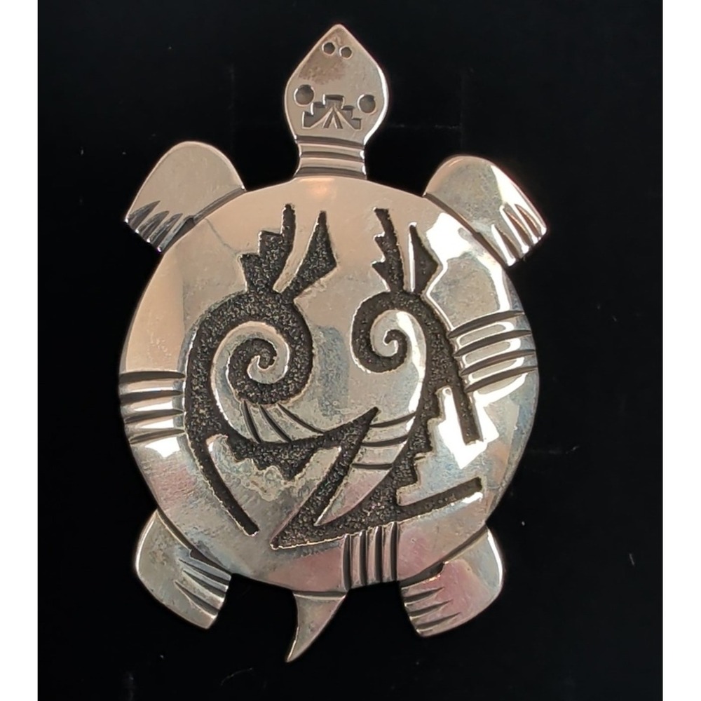 Navajo Richard Singer Sterling Silver Overlay Turtle Bird Pendant Brooch Pin